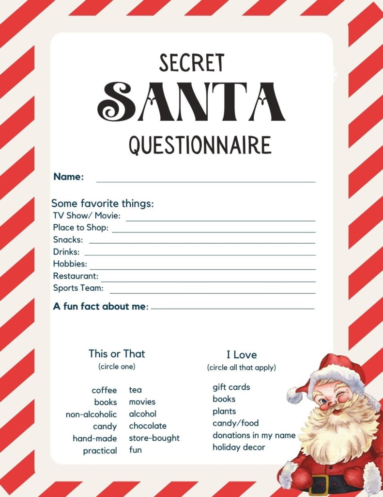 Secret Santa Questionnaire Printable Secret Santa Questions Gift 
