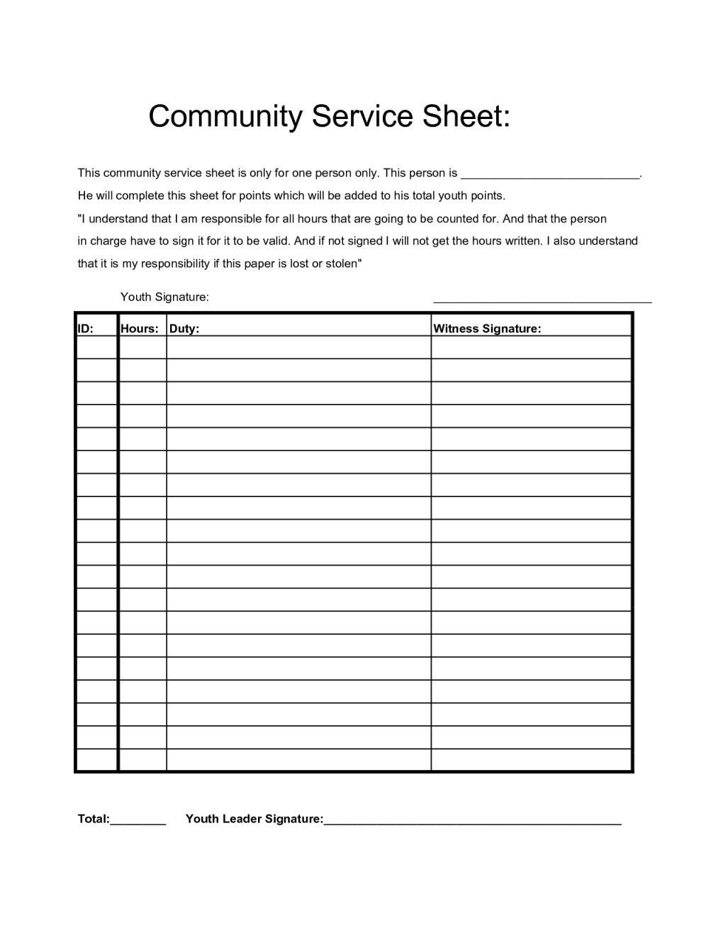 Service Hours Log Sheet Printable Community Service Hours Chart