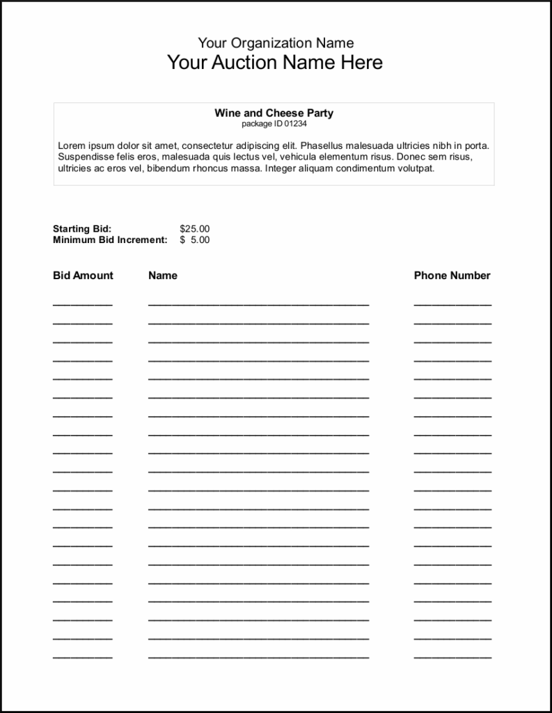 Silent Auction Bid Sheet Free Printable