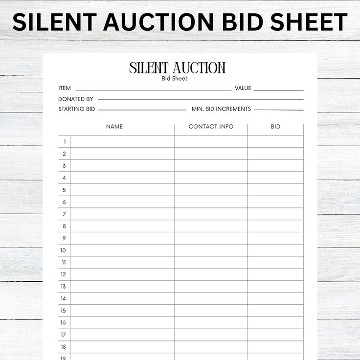 Silent Auction Bid Sheet Silent Auction Sign Up Sheet Fundraiser 