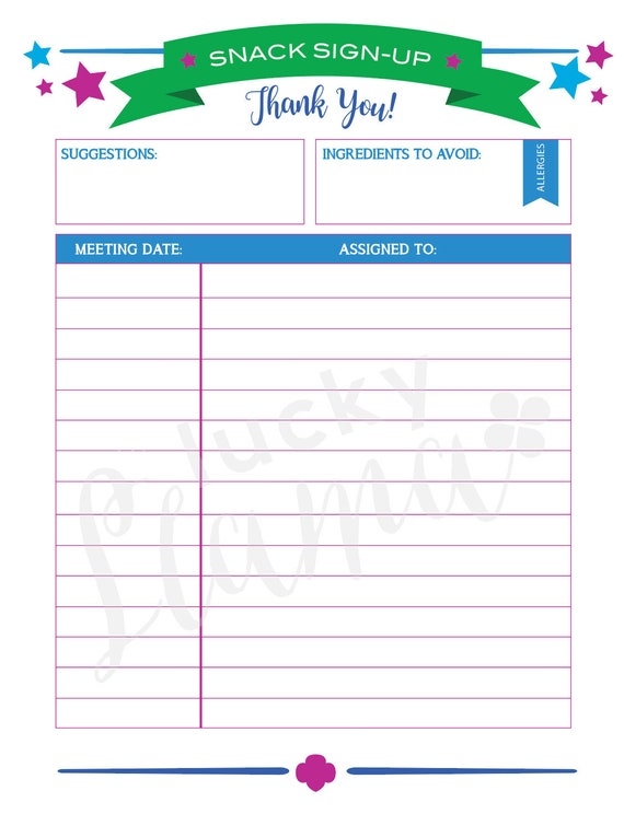 Snack Sheet Sign Up Printable