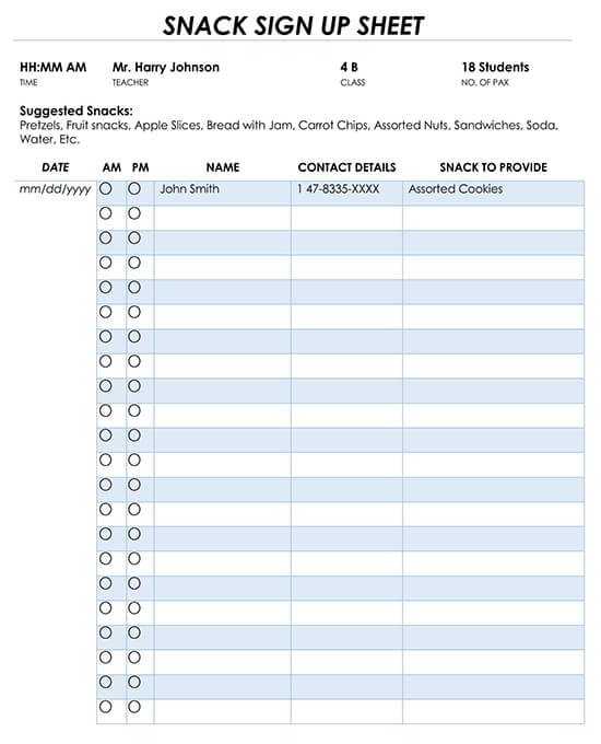 Snack Sheet Sign Up Printable