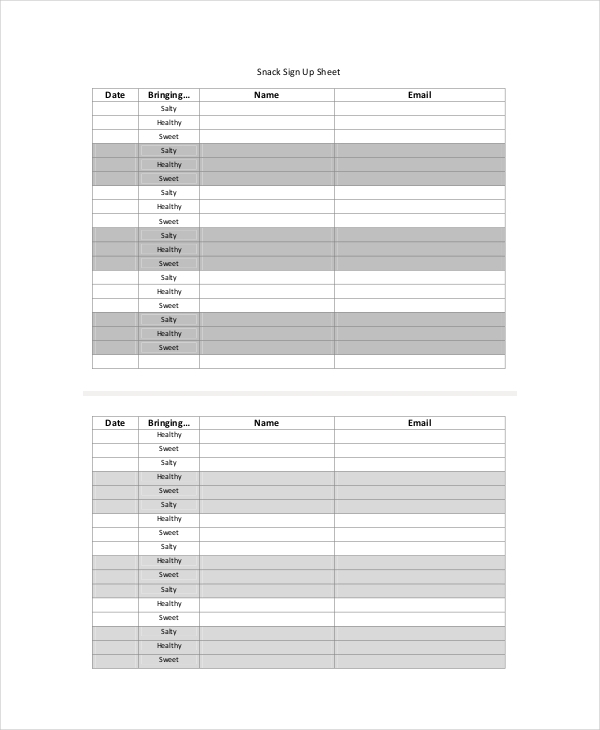 Snack Sheet Sign Up Printable
