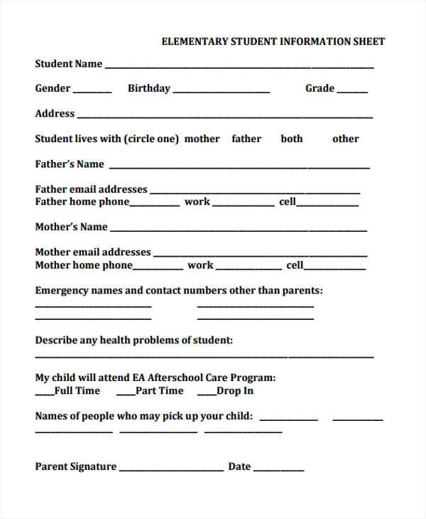 Student Information Sheet Printable