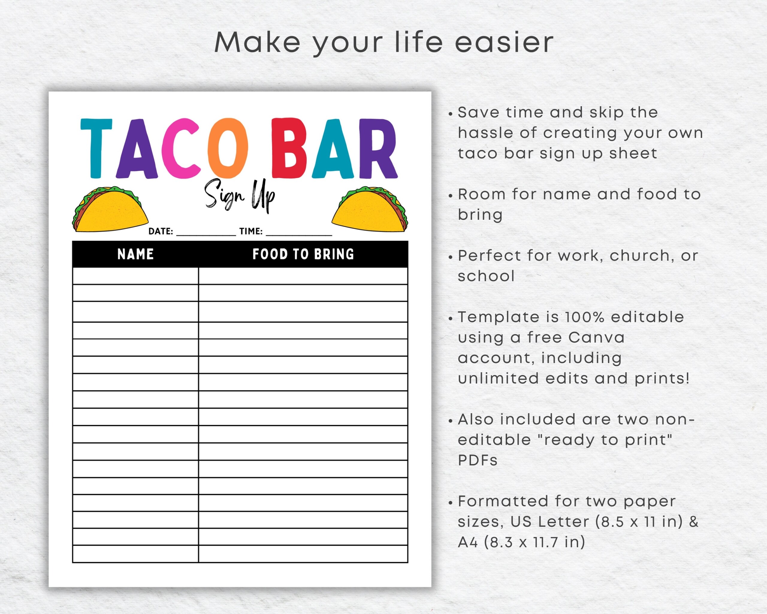 Taco Bar Sign Up Sheet Printable For Mexican Fiesta Potluck 47 OFF