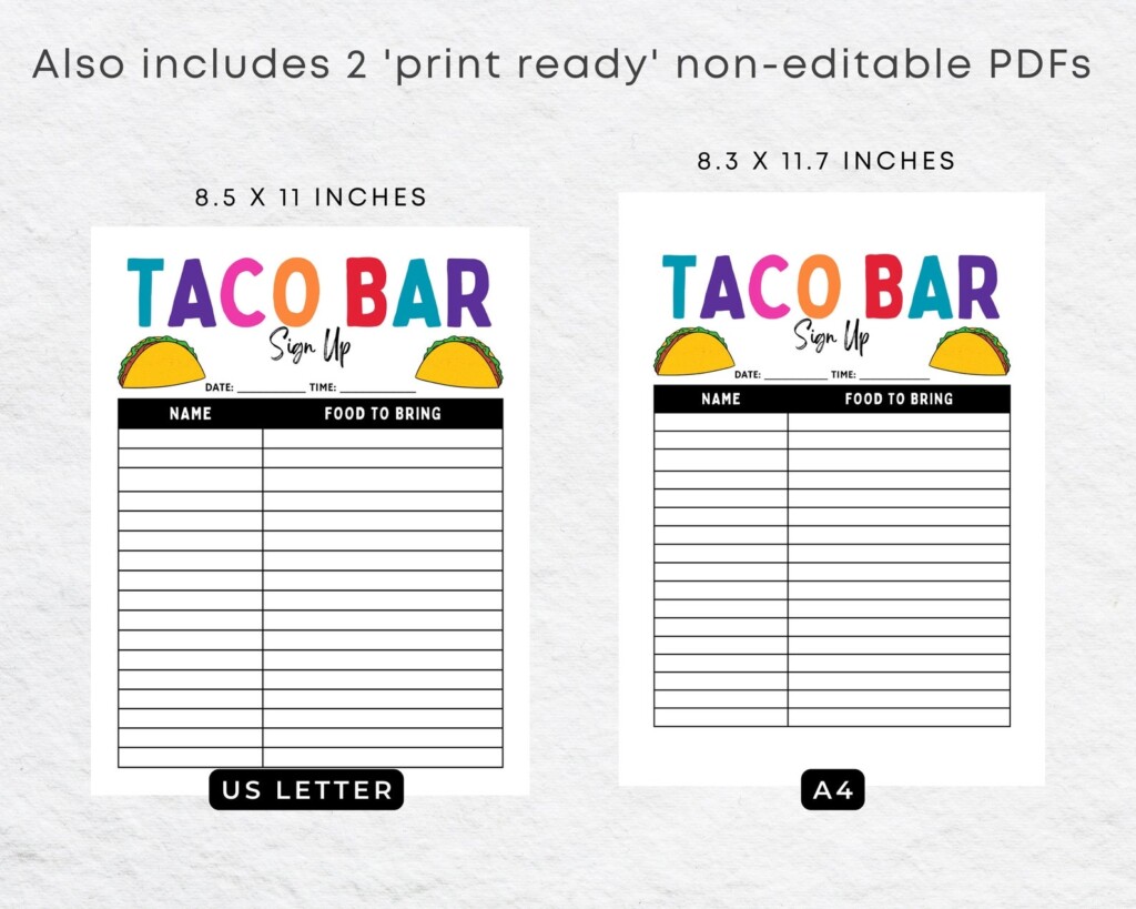 Taco Bar Sign Up Sheet Printable For Mexican Fiesta Potluck Etsy