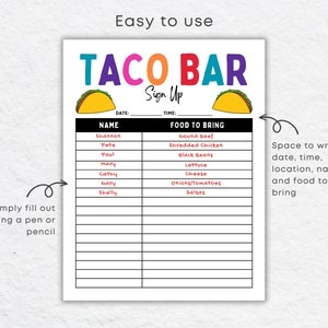 Taco Bar Sign Up Sheet Printable For Mexican Fiesta Potluck Party 
