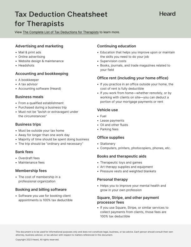 Tax Deduction Cheatsheet For Therapists Heard