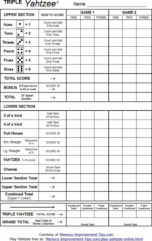 Triple Yahtzee Printable Score Sheet