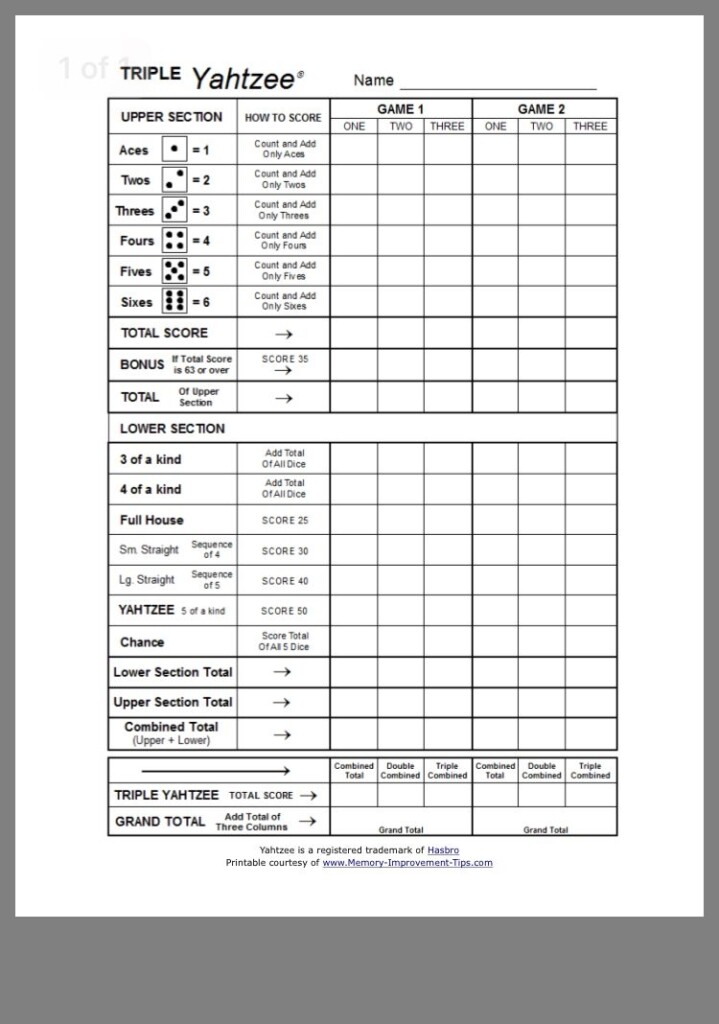 Triple Yahtzee Printable Score Sheet Printable Calendars AT A GLANCE