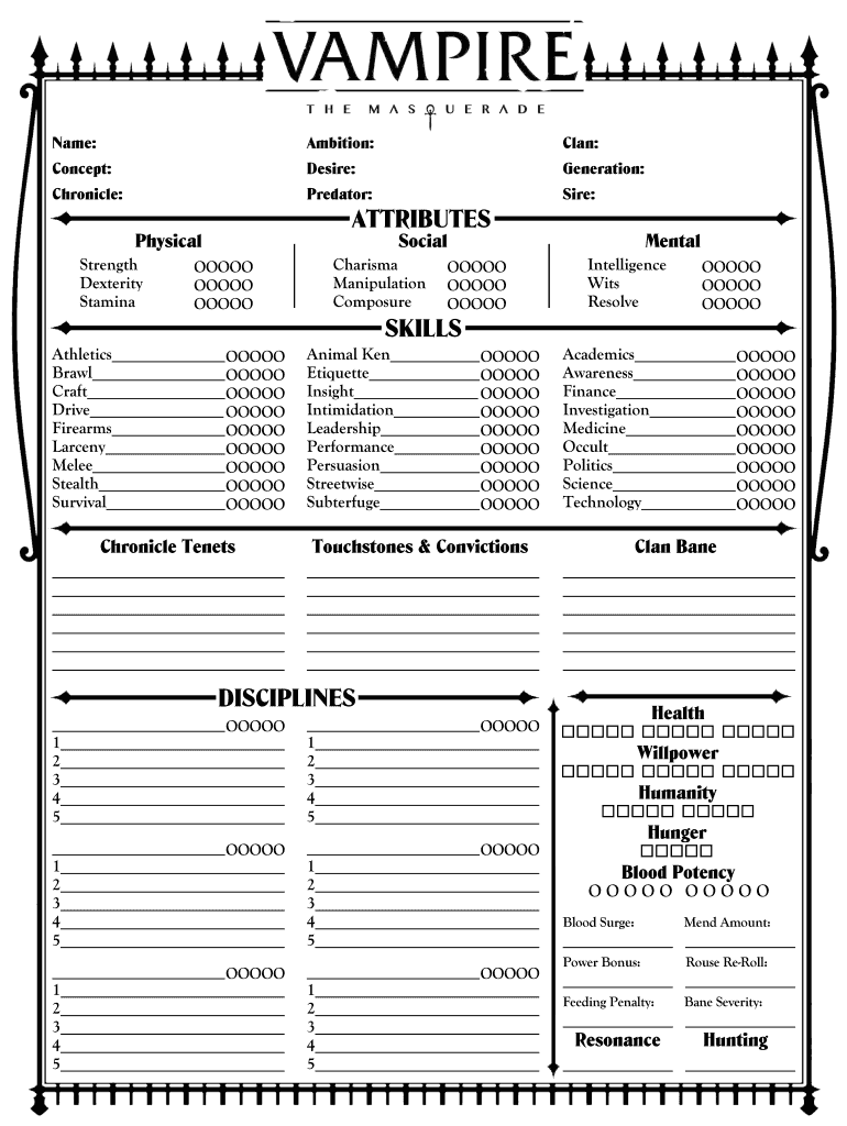 Vtm Form Fillable Character Sheet Printable Forms Free Online