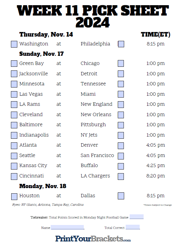 Week 11 Nfl Pick Em Sheet Printable Printable Word Searches