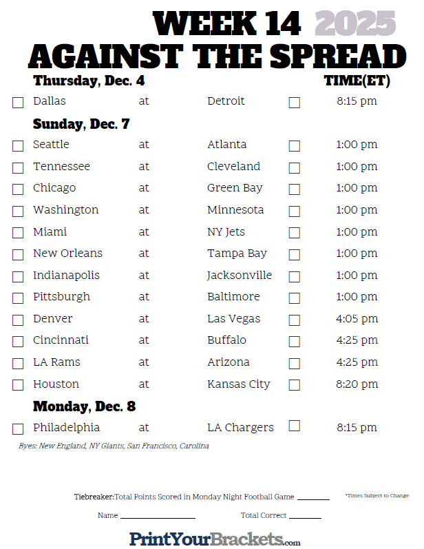 Week 14 Nfl Pick Em Sheet Printable Printable Word Searches