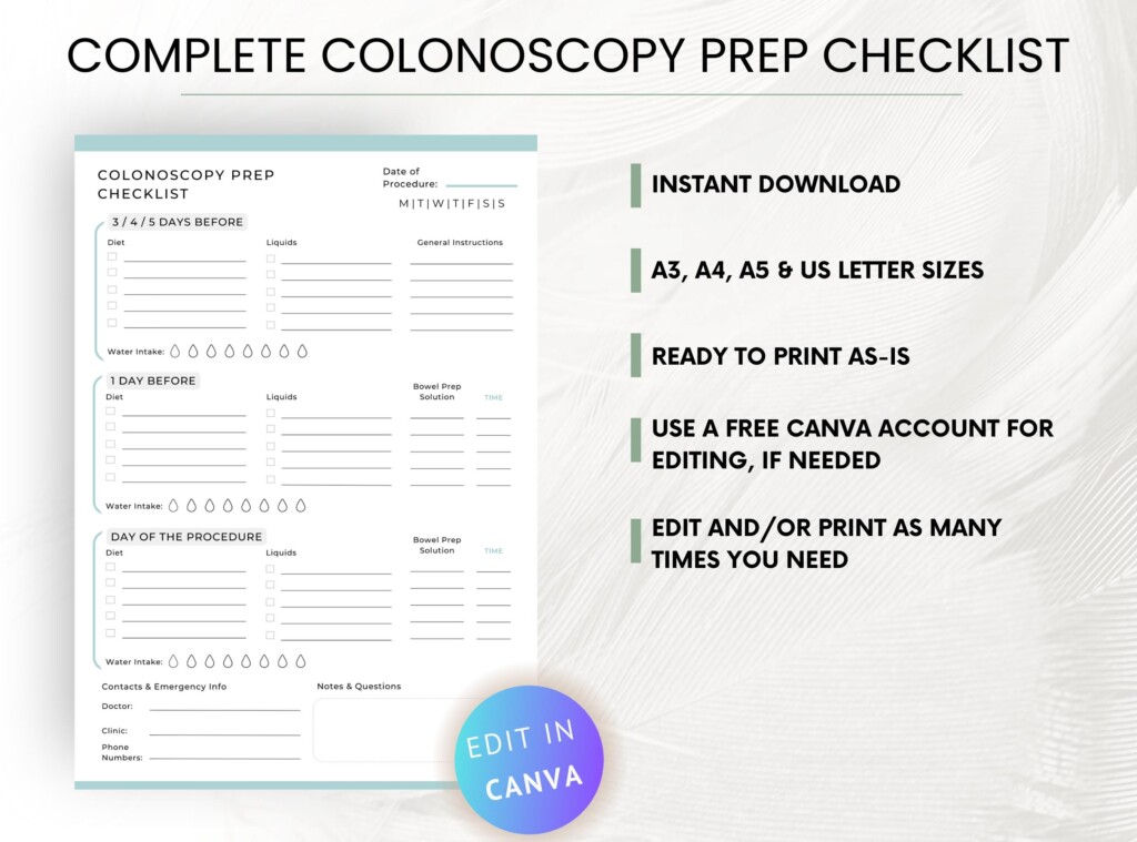 Colonoscopy Prep Checklist Printable Bowel Preparation Template editable Canva PDF Etsy