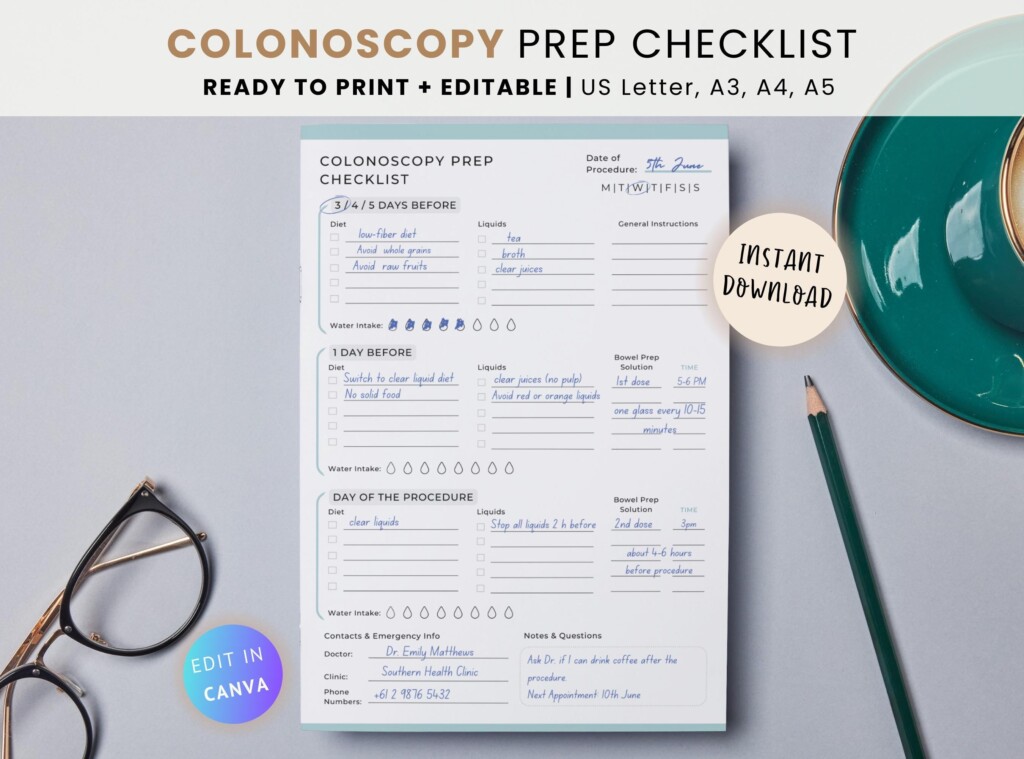 Colonoscopy Prep Checklist Printable Bowel Preparation Template editable Canva PDF Etsy